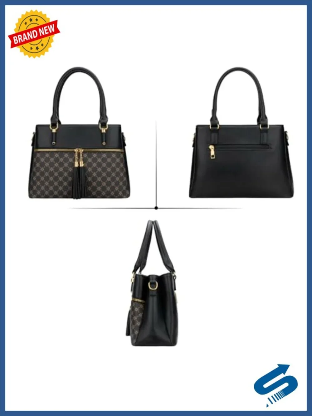 Vegan PU Leather Satchel Handbag Crossbody 3 Compartments Zipper